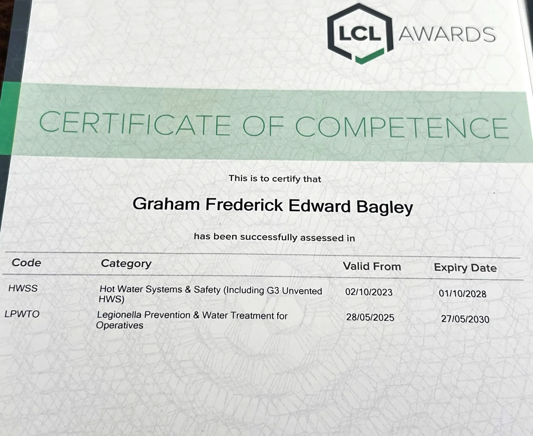 LCL Awards Certificate of Competence — G3 Unvented Hot Water Systems and Legionella